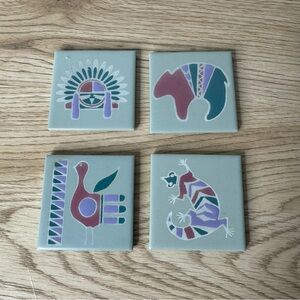 Southwestern Native American Petroglyph Style Tile Coasters Pastel Made In Japan